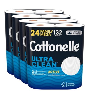 Cottonelle Ultra Clean Toilet Paper with Active CleaningRipples Texture. Strong Bath Tissue. 24 Family Mega Rolls (24 Family Mega Rolls = 132 Regular Rolls). 388 Sheets per Roll. Packaging May Vary
