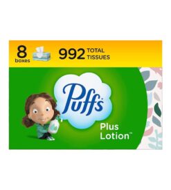 Puffs Plus Lotion Facial Tissues. 8 Family Boxes. 124 Facial Tissues per Box