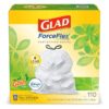 GLAD ForceFlex Tall Kitchen Drawstring Trash Bags. 13 Gallon White Trash Bag for Kitchen Trash Can. Gain Original Scent. Odor Shield. Odor Eliminator. Leak Protection. 110 Count