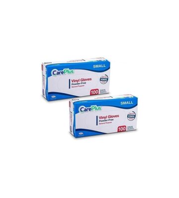 Care Plus 200 Count Disposable Plastic Vinyl Clear Small Size Gloves. Allergy. Latex And Powder Free. Great For Home Kitchen Or Office Cleaning. Cooking. 2 Boxes