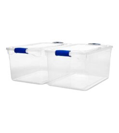 HOMZ Heavy Duty Modular Stackable Storage Tote Containers with Latching Lids. 66 Quart Capacity. Clear. 2 Pack