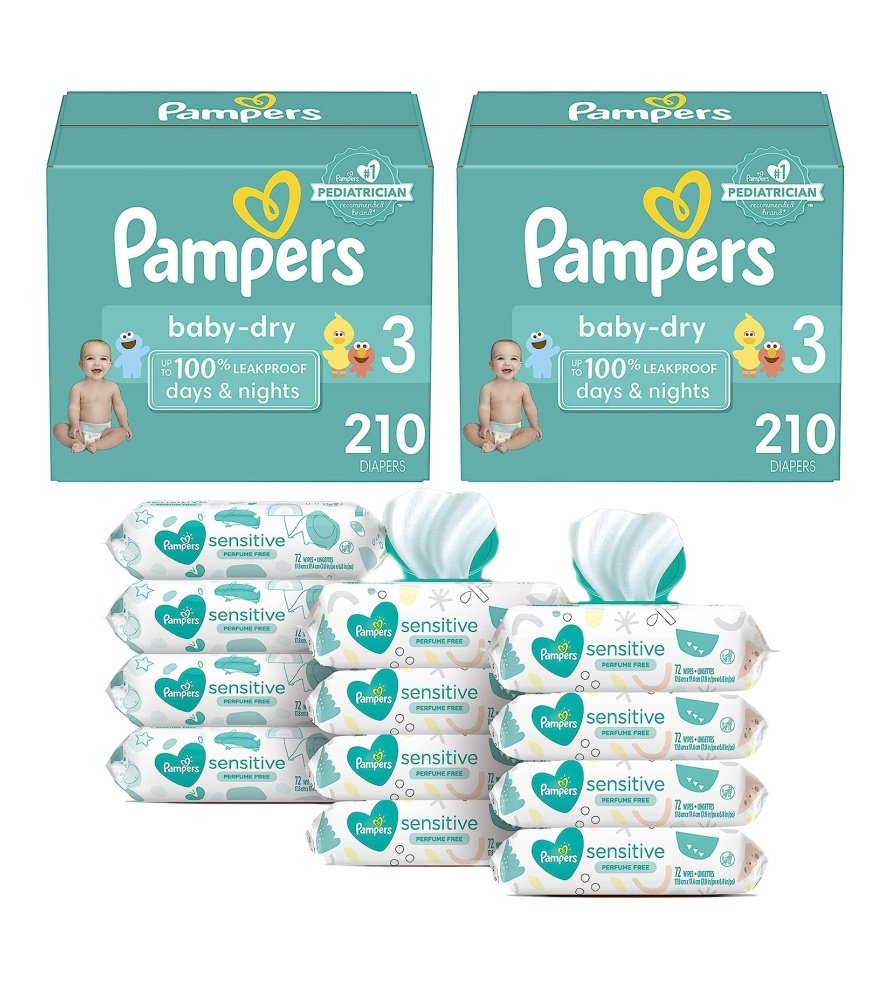 Pampers Baby Dry Disposable Baby Diapers Size 3. 2 Month Supply (2 x 210 Count) with Sensitive Water Based Baby Wipes. 12X Pop-Top Packs (864 Count)