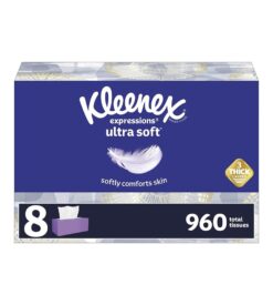 Kleenex Expressions Ultra Soft Facial Tissues. Soft Facial Tissue. 8 Flat Boxes. 120 Tissues per Box. 3-Ply (960 Total Tissues)