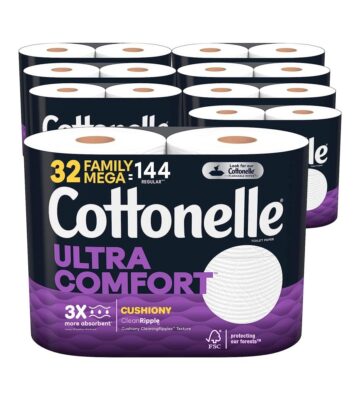 Cottonelle Ultra Comfort Toilet Paper with Cushiony CleaningRipples Texture. Strong Bath Tissue. 32 Family Mega Rolls (32 Family Mega Rolls = 144 Regular Rolls) (8 Packs of 4). 325 Sheets per Roll