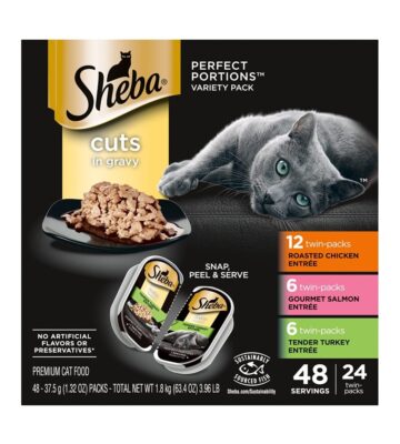 SHEBA PERFECT PORTIONS Cuts in Gravy Wet Cat Food Trays (24 Count. 48 Servings). Roasted Chicken. Gourmet Salmon and Tender Turkey Entr??e. Easy Peel Twin-Pack Trays