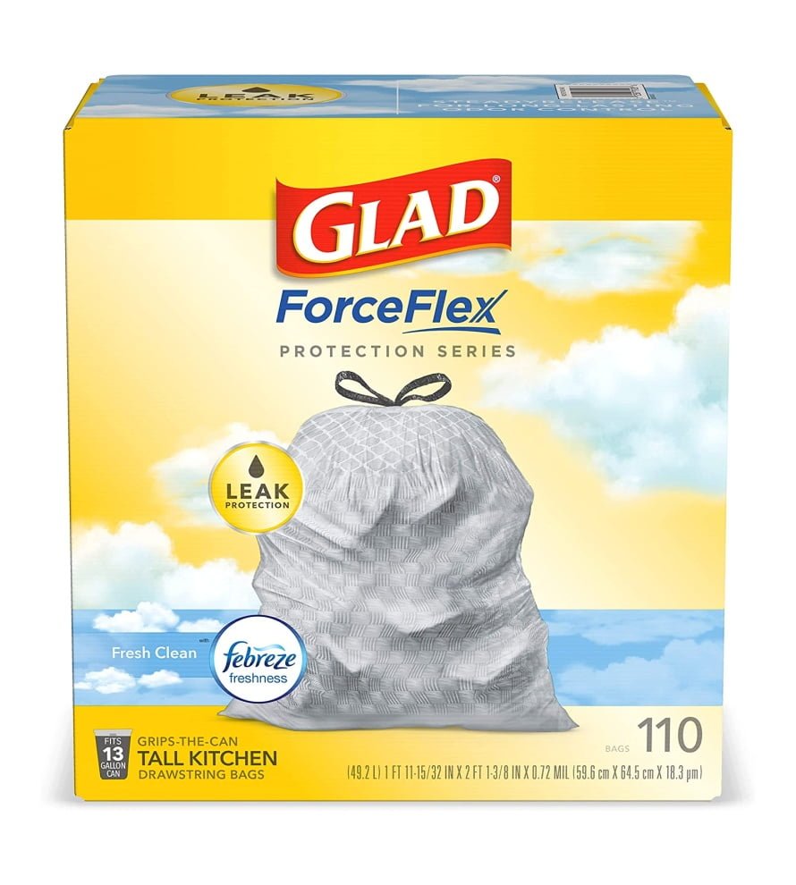 Glad ForceFlex Protection Series Tall Kitchen Trash Bags. 13 Gal. Fresh Clean with Febreze. 110 Ct (Package May Vary)