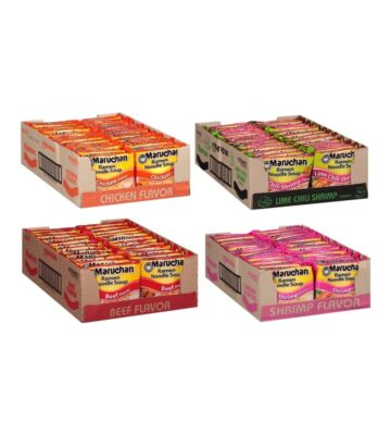 Maruchan Ramen Instant Soup Noodles Mix Variety 4 Flavor Packs 96 Count ?C 24 Chicken . 24 Lime Chili Shrimp . 24 Beef . 24 Shrimp Pack Lunch / Dinner Variety