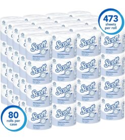 Scott Professional 100% Recycled Fiber Standard Roll Bathroom Tissue (13217). 2-Ply. White. 80 Rolls / Case. 473 Sheets / Roll. 37.840 Sheets / Case
